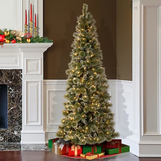 6.5ft. Pre-Lit Glittery Bristle Pine Slim Artificial Christmas Tree, Warm White Diamond Cap LED Lights